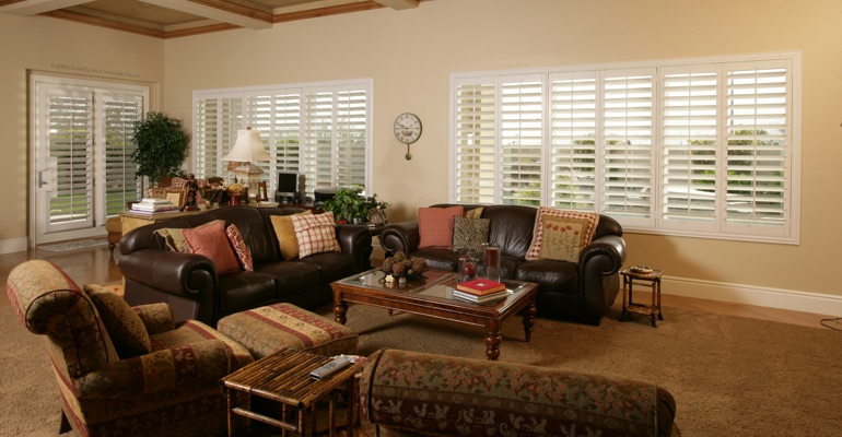 Boston basement with white shutters.